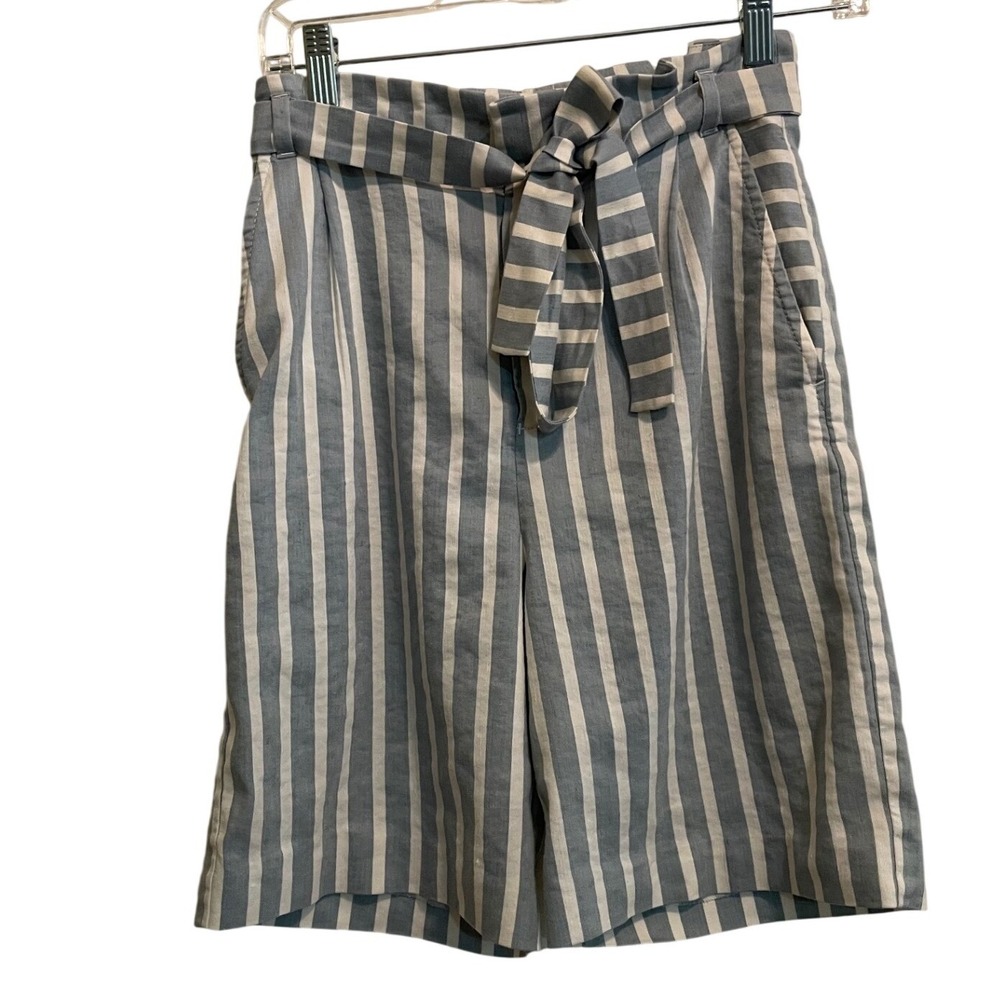 Hugo Boss Womens Size 0 Linen Blend Blue White Striped Paperbag Bermuda Shorts